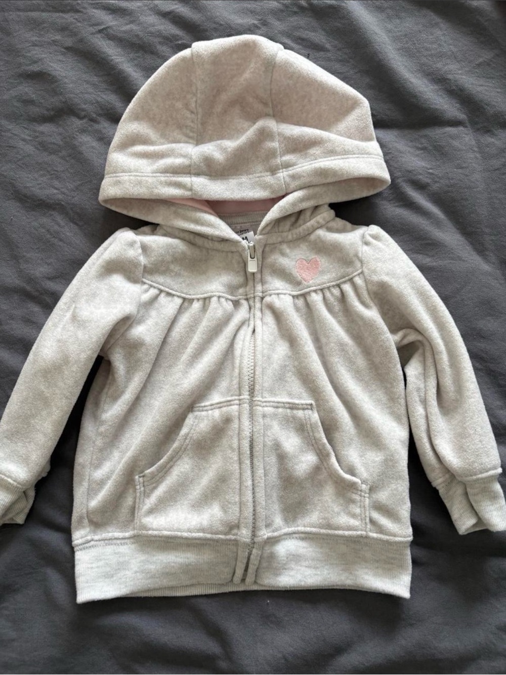 Baby Gray Hooded Zip Sweatshirt with Pink Heart Detail